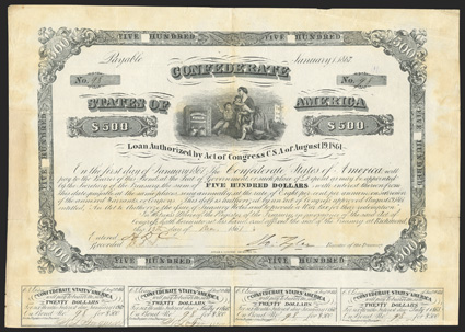 Act of August 19, 1861. $500. Cr. 53, B-43. No. 98. Seated woman and children look at safe labeled Confederate States Treasury. Signed by Tyler. 4 coupons below. Hoyer &
Ludwig. Uneven toning, fold wear, VF. From The Holger Dreher