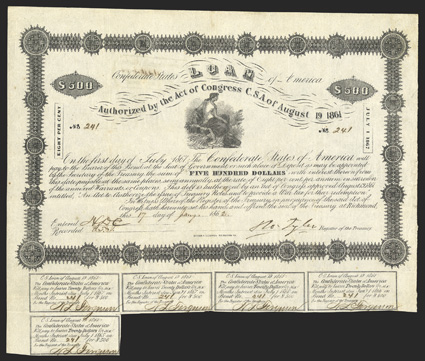 Act of August 19, 1861. $500. Cr. 54, B-46. No. 241. Ceres seated with wheat. Signed by Tyler, though Ball lists Jones for this range. 4 coupons below. Hoyer & Ludwig.
Show-through from Dutch stamp on verso, fold and edge wear, but clean and