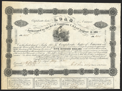 Act of August 19, 1861. $500. Cr. 54, B-46. No. 425. As previous. Signed by Jones. 5 coupons below. Edge and fold wear, toning along left edge, scant foxing, VF. From The
Holger Dreher Collection