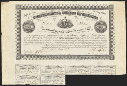 Act of August 19, 1861. $500. Cr. 55, B-49. No. 320. Vignette of Commerce seated on a cotton bale with a ship and a train in the background. Signed by Tyler. 6 coupons below.
Hoyer & Ludwig. Foxed, Edge wear, especially at upper left, VF<
