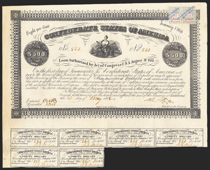 Act of August 19, 1861. $500. Cr. 55, B-49. No. 851. Commerce seated on a cotton bale, ship and train in the distance. Printed on white paper. Signed by Jones. Dutch stamps
upper right. Light edge wear and toning, marginal tear at lower left