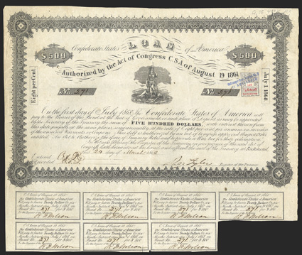 Act of August 19, 1861. $500. Cr. 56, B-52. No. 278. Vignette of the Virginia State arms - Athena trampling a tyrant, and motto Sic Semper Tyrannis. Signed by Tyler. 7 coupons
below. Dutch revenue stamp at right. Edge and fold wear, tonin