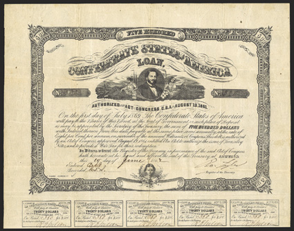 Act of August 19, 1861. $500. Cr. 57, B-55. No. 380. Judah P. Benjamin supported by Agriculture and Commerce, ships and factories in the background. Childs head at bottom.
Signed by Tyler. 11 coupons below. B. Duncan. Folds, toned, VF.