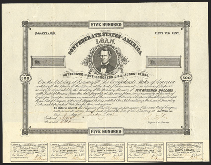 Act of August 19, 1861. $500. Cr. 59, B-65. No. 946. C.G. Memminger. Signed by Tyler. 12 coupons below. No imprint. Folds, a strong VF. From The Holger Dreher
Collection