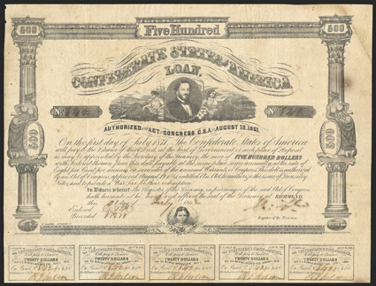 Act of August 19, 1861. $500. Cr. 60. Criswell Plate Bond. B-68. No. 842. Vignette of J. P. Benjamin supported by Agriculture and Commerce, ships and factories in the
background, top center. Childs head at bottom. Signed by Tyler. 13 coupo