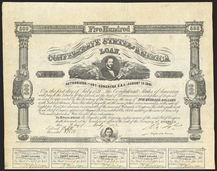 Act of August 19, 1861. $500. Cr. 60, B-68. No. 444. Judah P. Benjamin supported by Agriculture and Commerce, ships and factories in the background. Childs head, bottom. Fold
wear, toned, soiling on verso, but VF. From The Holger Dre