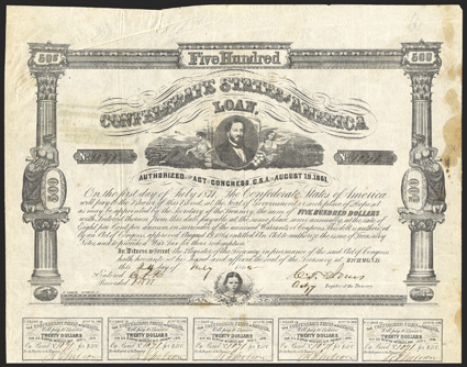 Act of August 19, 1861. $500. Cr. 60, B-68. No. 1071. As previous. Signed by Jones. 13 coupons below. Staining along right margin and bottom, creases, very strong Fine. From
The Holger Dreher Collection