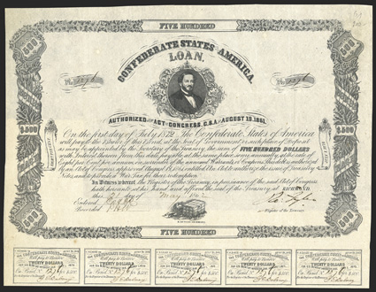 Act of August 19, 1861. $500. Cr. 61, B-74. No. 1276. Judah P. Benjamin, center. Dog with safe and key, bottom. Signed by Tyler. 16 coupons below. B. Duncan. Very light toning,
VF+. From The Holger Dreher Collection