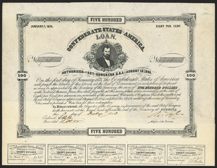 Act of August 19, 1861. $500. Cr. 62, B-77. No. 761. J.H. Reagan, top center. Signed by Tyler. 18 coupons below. B. Duncan. Folds, VF+. From The Holger Dreher
Collection