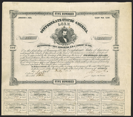 Act of August 19, 1861. $500. Cr. 62, B-78. No. 266. As previous, but with blue black ink. Signed by Tyler. 16 coupons below. Folded through face, some foxing, wrinkles,
lightly soiled, but VF. From The Holger Dreher Collection