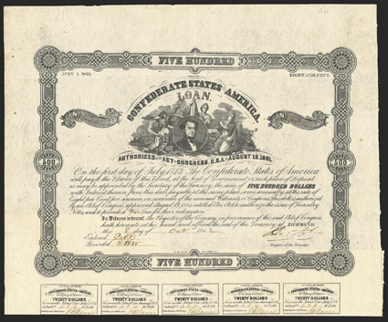 Act of August 19, 1861. $500. Cr. 63, B-81. No. .... Vignette of S.R. Mallory, surrounded by three female figures. Signed by Tyler.  17 coupons below. Folds, light wear along
right edge, good VF. From The Holger Dreher Collection