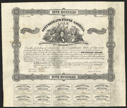 Act of August 19, 1861. $500. Cr. 63, B-81. No. 509. As previous. Signed by Tyler. One coupon missing, 21 still present. Interesting Mississippi endorsement on the verso. B.
Duncan. Fold wear, light foxing, about VF. From The Holger D