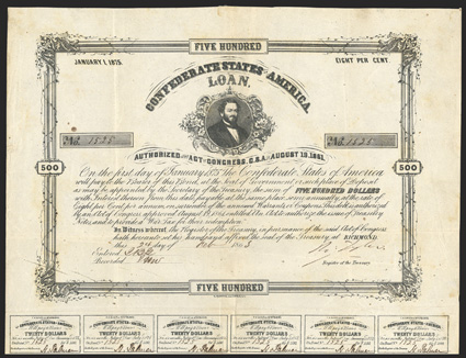 Act of August 19, 1861. $500. Cr. 65. Criswell Plate Bond. B-90. No. 1525. Portrait of J. P. Benjamin. Signed by Tyler. 20 coupons below. B. Duncan. Fold wear, foxing, light
edge wear, about VF. From The Holger Dreher Collection