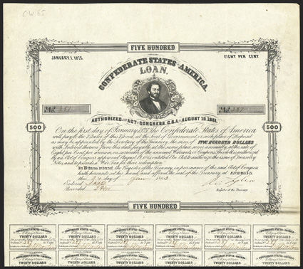 Act of August 19, 1861. $500. Cr. 65, B-90. No. 287. Judah P. Benjamin, top center. Signed by Tyler. 20 coupons below. Folds, soiling in right margin and along bottom border,
about VF. From The Holger Dreher Collection