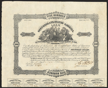 Act of August 19, 1861. $500. Cr. 66, B-93. No. 1648. Unidentified portrait of a gentleman, surrounded by three allegorical females. Signed by Tyler. 3 coupons missing, 23
coupons remain. B. Duncan. Stamped 171 on verso. Foxed, fold and e