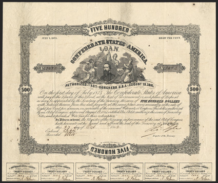 Act of August 19, 1861. $500. Cr. 66, B-94. Trans-Mississippi Bond. No. 1492. Portrait of unidentified man, surrounded by three allegorical females. Signed by Tyler. Reissued
in Houston, Tx by James Sorley, CSA depositary, handwritten on th