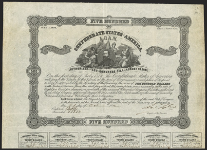Act of August 19, 1861. $500. Cr. 67, B-98. No. 697. Unidentified mans portrait, surrounded by three female allegoricals. Fold and edge wear, toning along right edge, about VF.
From The Holger Dreher Collection