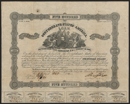 Act of August 19, 1861. $500. Cr. 67, B-98. No. 631. As previous. Signed by Tyler. One coupon missing, 27 coupons remain. Overall toning, ink erosion at signatures, some
foxing, fold wear, Fine. From The Holger Dreher Collection