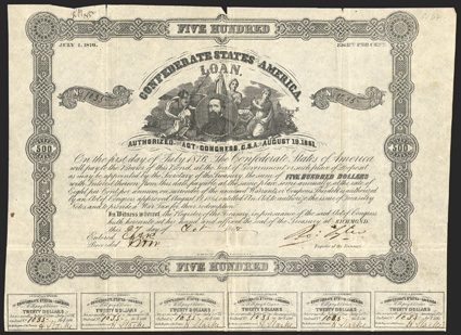Act of August 19, 1861. $500. Cr. 67, B-99. Trans-Mississippi Bond. No. 1035. Portrait of unidentified man surrounded by three allegorical females. Signed by Tyler. Reissued by
James Sorley of Houston, Texas in red ink on the verso. 25 coup