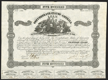 Act of August 19, 1861. $500. Cr. 67, B-99. Trans-Mississippi Bond. No. 1262. Similar to previous, however this bond has an error or under-inking of the the top border frame.
Signed by Tyler. Reissued by James Sorley in red ink on the verso