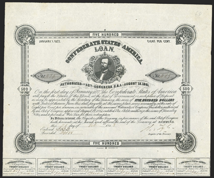 Act of August 19, 1861. $500. Cr. 68, B-104. No. 429. As previous, with imprint. Signed by Tyler. Stamped 185 on verso. 24 coupons below. Folds, minor edge wear and soiling,
VF. From The Holger Dreher Collection