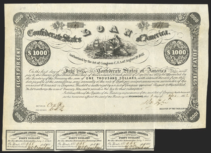 Act of August 19, 1861. $1000. Cr. 78, B-38. No. 968. Due July 1, 1865. As previous. Signed by Tyler. 3 coupons below. Folds, uneven right edge, overall toning, good VF. From
The Holger Dreher Collection