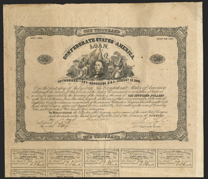 Act of August 19, 1861. $1000. Cr. 79, B-41. No. 710. Portrait of Samuel Preston Moore, Surgeon General, C.S. Army, surrounded by three female allegoricals. Signed by Tyler.
Coupons complete. Well toned, with small hole, foxing, fold and edge