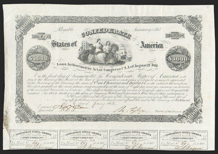 Act of August 19, 1861. $1000. Cr. 80, B-44. No. 697. Commerce and Ceres, center, with a British shield, cotton bales, ships and factories in the background. Signed by Tyler. 4
coupons below. Soiling and tears at left edge, folds, otherwise a