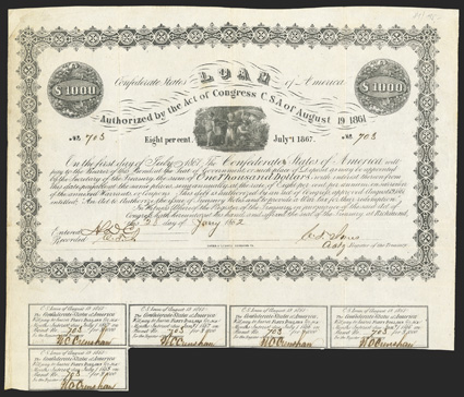 Act of August 19, 1861. $1000. Cr. 81, B-47. No. 703. As preceding. Signed by Jones. 5 coupons below. Fold and edge wear, light soiling at left margin, VF. From The Holger
Dreher Collection