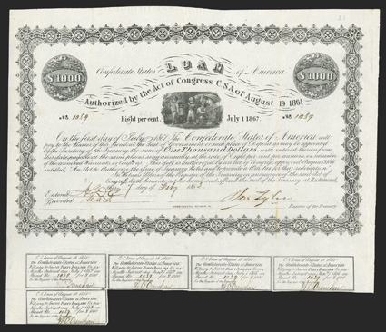 Act of August 19, 1861. $1000. Cr. 81, B-47. No. 1039. As previous. Signed by Tyler. 5 coupons below. Fold wear and toning, uneven top edge, but a nicely displaying VF. From
The Holger Dreher Collection