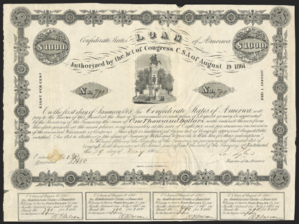 Act of August 19, 1861. $1000. Cr. 82. Criswell Plate Bonds. B-50. Vignette of equestrian statue of Washington on the capitol grounds in Washington. Signed by Tyler. 2 coupons
below. Hoyer & Ludwig. Fold splits repaired on verso with pape
