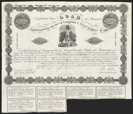 Act of August 19, 1861. $1000. Cr. 82, B-50. No. 320. Equestrian statue of Washington on the capitol grounds in Richmond, Va. Signed by Tyler. 6 coupons below. Folds, light
edge wear and soiling, but handsome and a strong VF. From The