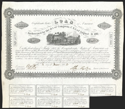 Act of August 19, 1861. $1000. Cr. 83, B-53. No. 562. Train with straight steam (similar vignette as found on the T-39, T-40 and T-49.) Printed on white paper. Signed by....
Hoyer & Ludwig, Richmond, Va. Uneven right edge, some soiling in m
