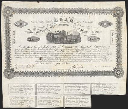Act of August 19, 1861. $1000. Cr. 83, B-53. No. 1057. As previous. Signed by Tyler. Dutch and Bondholders Committee stamps on verso. 7 coupons below. Fold and edge wear, two
ink blots, but about VF. From The Holger Dreher Collection<