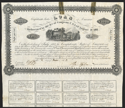 Act of August 19, 1861. $1000. Cr. 83, B-53. No. 585. Train with straight steam, ship in distance. Signed by Tyler. Complete 13 coupons Tesa (?) - only 5 known. Fold wear
including internal holes and splits at top and bottom, with two tape
