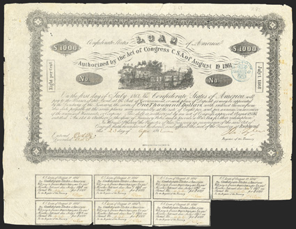 Act of August 19, 1861. $1000. Cr. X-83, B-C53. No. 946. Steam locomotive. Forged Tyler signature. Printed on thin onion skin paper. Imprint: Hoyer & Ludwig, Richmond, Va. Edge
wear including shipping, foxing in right margin, about VF