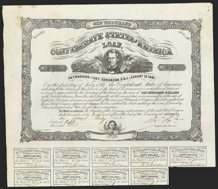 Act of August 19, 1861. $1000. Cr. 84, B-56. No. 157. C.G. Memminger supported by Agriculture and Commerce, ships and factories in background, top center. Childs head at bottom
center above blank scroll. Signed by Tyler. 9 coupons below. Fox