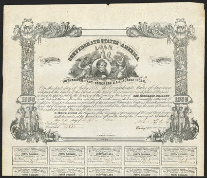 Act of August 19, 1861. $1000. Cr. 85, B-62. No. 141. Jefferson Davis, surrounded by three allegorical females. Signed by Tyler. Complete coupons. B. Duncan. Edge wear
including chip out at wide top margin, toning at edges, VF. From T