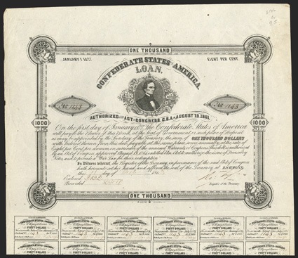 Act of August 19, 1861. $1000. Cr. 95, B-106. No. 1143. Jefferson Davis. Signed by Tyler. 24 coupons below. B. Duncan. Fold, edge wear and toning, a strong VF. From The Holger
Dreher Collection