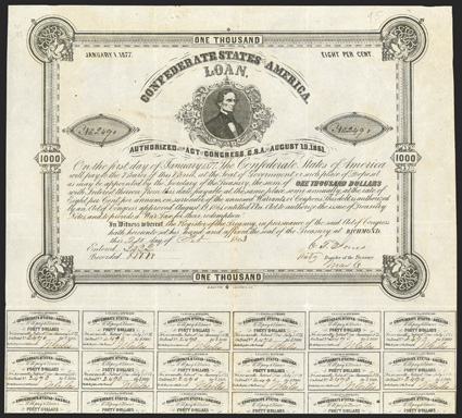 Act of August 19, 1861. $1000. Cr. 95, B-106. No. 2490. As previous. Signed by Jones, although Ball only notes Tyler. 24 coupons below. Folds, light wear at right edge, some
foxing, VF. From The Holger Dreher Collection