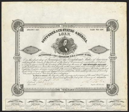 Act of August 19, 1861. $1000. Cr. 95A, B-105. No. 953. Jefferson Davis. Signed by Tyler. 24 coupons below. No imprint. Bondholders Committee stamp on verso. Edge wear and
toning at top and right, fingerprints bottom, VF. From The Hol