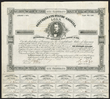 Act of August 19, 1861. $1000. Cr. 97, B-115. No. 1261. C.G. Memminger. Signed by Tyler. 26 coupons below. Bondholders Committee and Dutch handstamps on verso. Folds, light
edge wear, VF. From The Holger Dreher Collection