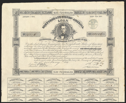 Act of August 19, 1861. $1000. Cr. X-97, B-C115. No.18006 C.G. Memminger, top center. Note serial number is much higher than issue number of 1,615. Signatures printed, with
some pen embellishing of Tylers. 26 coupons below. Dutch stamp on face