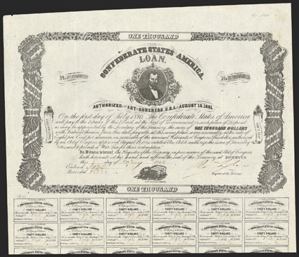 Act of August 19, 1861. $1000. Cr. 101, B-129. No. 3162. As previous. Signed by Tyler. 32 coupons below. B. Duncan. Small nick upper left, folds, scant foxing, VF. From The
Holger Dreher Collection