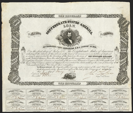 Act of August 19, 1861. $1000. Cr. 101, B-129. No. 3257. As previous. Signed by Tyler, however, with full coupons. B. Duncan. Wear and soiling at edges, VF. From The Holger
Dreher Collection