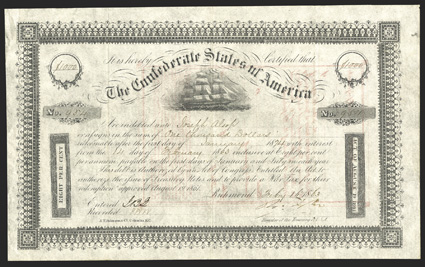 Act of August 19, 1861. $1000. Cr. 103, B-139. No. 954. Due January 1, 1874. As previous. Signed by Tyler. Folds soiling in right margin, sharp VF. From The Holger Dreher
Collection