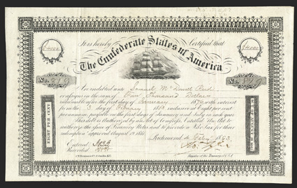 Act of August 19, 1861. $4000. Cr. 103, B-139. No. 819. Due January 1, 1876. As previous. Signed by Tyler. Folds, VF+. From The Holger Dreher Collection