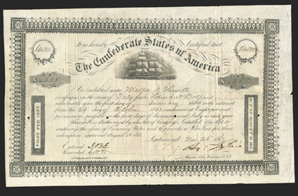 Act of August 19, 1861. $4500. Cr. 103, B-139. No. 628. Due January 1, 1864. As previous. Signed by Tyler. Edge wear including nicks at right, fold wear, spindle holes, about
VF. From The Holger Dreher Collection