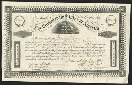 Act of August 19, 1861. $6000. Cr. 103, B-139. No. 454. Due January 1, 1879. As previous. Signed by Tyler. Folds, edge wear at right, strong VF. From The Holger Dreher
Collection