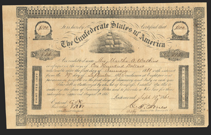 Act of August 19, 1861. $100. Cr. 104, B-138. No. 813. Due January 1, 1881. As previous. Signed by Jones. Edge and fold wear, toning, some foxing, about VF. From The Holger
Dreher Collection